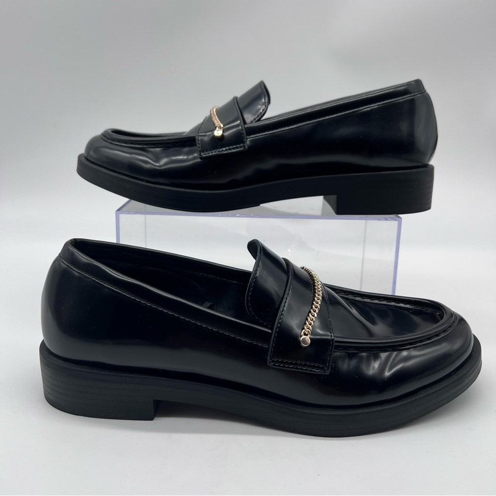Zara Black Loafers with Gold Chain Detail